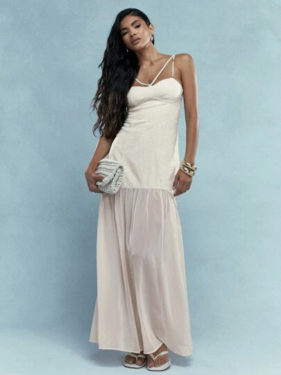 MISSGUIDED Boho Sheer Long Ruffle Hem Halter Neck Detail Linen Maxi Dress MISSGUIDED