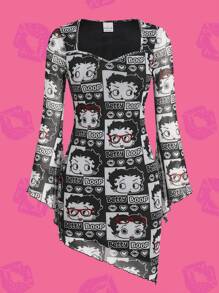 Betty Boop x SHEIN Vestido corto de manga larga con escote de corte sesgo, mangas campana, estampado blanco y negro todo sobre malla de otoño, estilo sexy y lindo