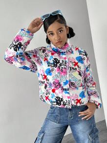 SHEIN Teen Girls Padded Graffiti Print Warm Jacket, Fall & Winter - Multicolor - View 4