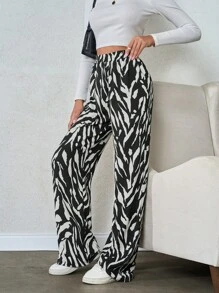 SHEIN Tall 纯棉高腰女士黑白休闲印花阔腿裤 - 黑與白 - 查看 3
