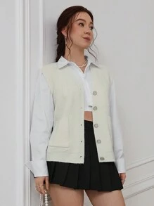 EMERY ROSE 高级休闲 V 领口袋针织背心 - 白色 - 查看 5