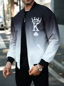 Manfinity Homme 男士渐变色印花长袖户外风衣夹克，外出街头穿搭拉链字母拼色夹克，送给朋友、丈夫、男朋友的礼物，男士飞行员夹克，黑白夹克，男士图案夹克