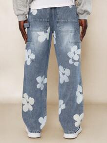 SUMWON Straight Fit Floral Printed Carpenter Jean - Blue - View 4