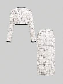 Sweetra Bộ 2 món áo khoác cổ tròn tay dài thanh lịch dành cho nữ và chân váy mini, trang phục Y2K mùa xuân và thu - Đen và trắng - Xem 2