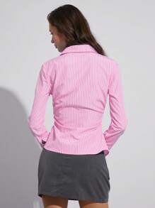 Easelle Chemise rayée à manches longues ajustée à taille plissée, décontractée pour vacances, printemps et été - Rose bonbon - Voir 2