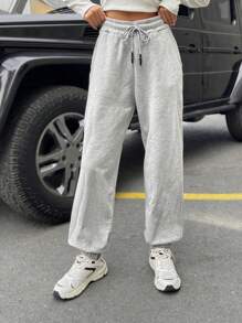 SHEIN PETITE Pantalon de jogging en coton pour femme de petite taille avec cordon de serrage à la taille, couleur unie - Gris pâle - Voir 5