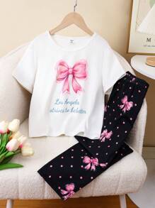 女童 2 件套睡衣套装 - 包括长裤和短袖衬衫，采用蝴蝶结印花设计，休闲优雅的家居服，适合少女 - 彩色 - 查看 1