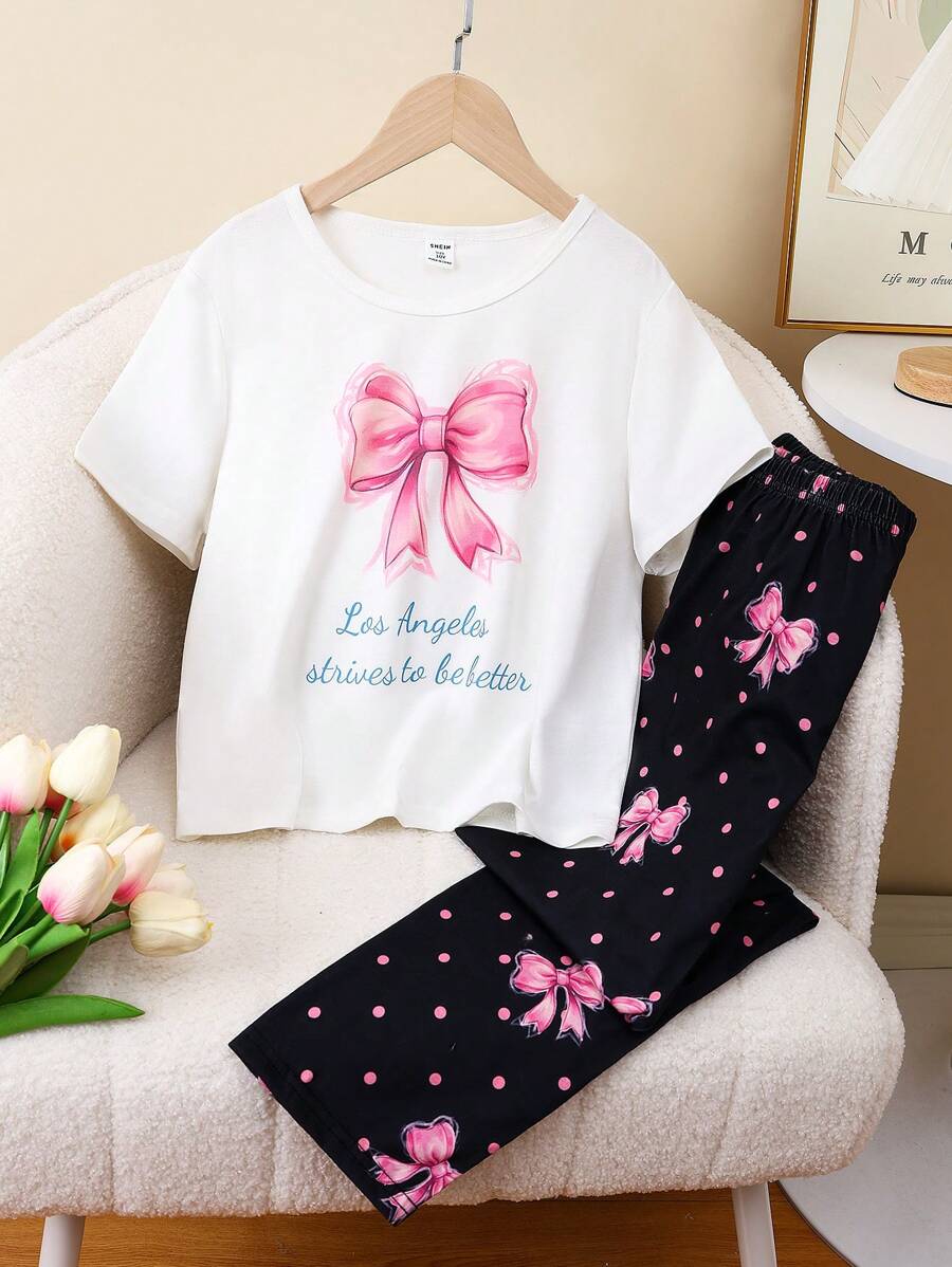 女童 2 件套睡衣套装 - 包括长裤和短袖衬衫，采用蝴蝶结印花设计，休闲优雅的家居服，适合少女 - 彩色 - 查看 1