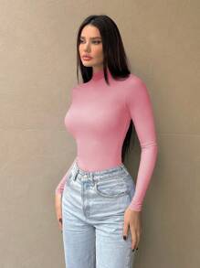 SHEIN Essnce 女士长袖立领渐变色修身紧身衣 - 粉色 - 查看 4