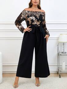 SHEIN Clasi 大码女式花卉亮片露肩系腰阔腿优雅连体裤，万圣节服装 - 黑色 - 查看 6