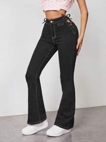 SHEIN EZwear Lace Up Side Solid Flare Leg Jeans - Black - View 3