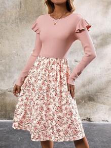 SHEIN Clasi Women's Cap Sleeve Ditsy Floral Midi Dress,Elastic Waist,Elegant,A-Line Fit Dress For Everyday,Work,Teacher Wear,Dusty Pink,Autumn,Tea Party - Multicolor - View 5