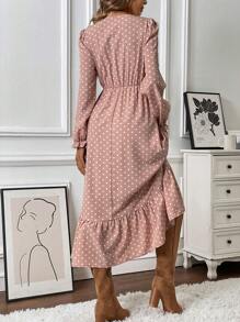 Calvaya Đầm Maxi Nữ Cổ Chữ V Cài Nút Tay Dài Chấm Bi Viền Xếp Ly Bất Đối Xứng Cho Nữ - Nhiều màu - Xem 6