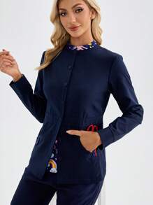 TaskEZ Star Print Long Sleeve Pocket Scrub Uniforms Jacket - Navy Blue - View 5