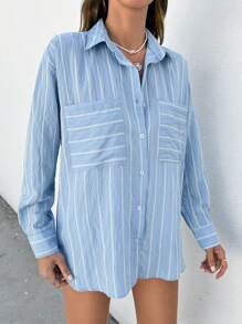 EURMUSE White Stripe Drop Shoulder Long Sleeve Shirt - Blue and White - View 6