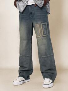 SUMWON 宽松双膝毛边牛仔裤配数字贴花 - 藍色 - 查看 2