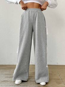 SHEIN Essnce 女士灰色蕾丝蝴蝶结阔腿运动裤