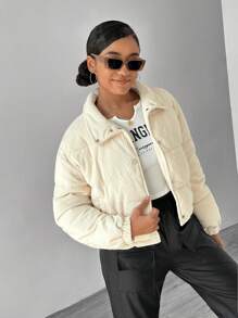 SHEIN Áo khoác đệm ngắn cổ đứng bằng vải nhung kẻ cho bé gái tuổi teen, mùa thu/đông - Màu be - Xem 3