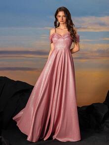 Fishbone Back Criss-Cross Banding Press Pleated Sleeve Shimmering Silk Dress - Pink - View 5