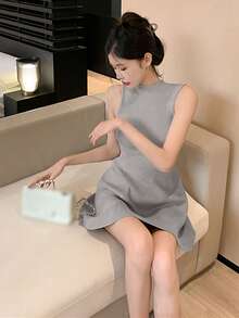 女士无袖针织修身 A 字中长连衣裙 - 灰色 - 查看 3