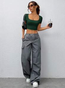 SHEIN EZwear Camiseta corta de mujer de verano con cuello cuadrado y mangas cortas, de un solo color y sin costuras, verde oliva