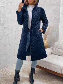 SHEIN Clasi Abrigo acolchado con capucha de moda para mujer, para otoño/invierno, con bolsillos en diagonal