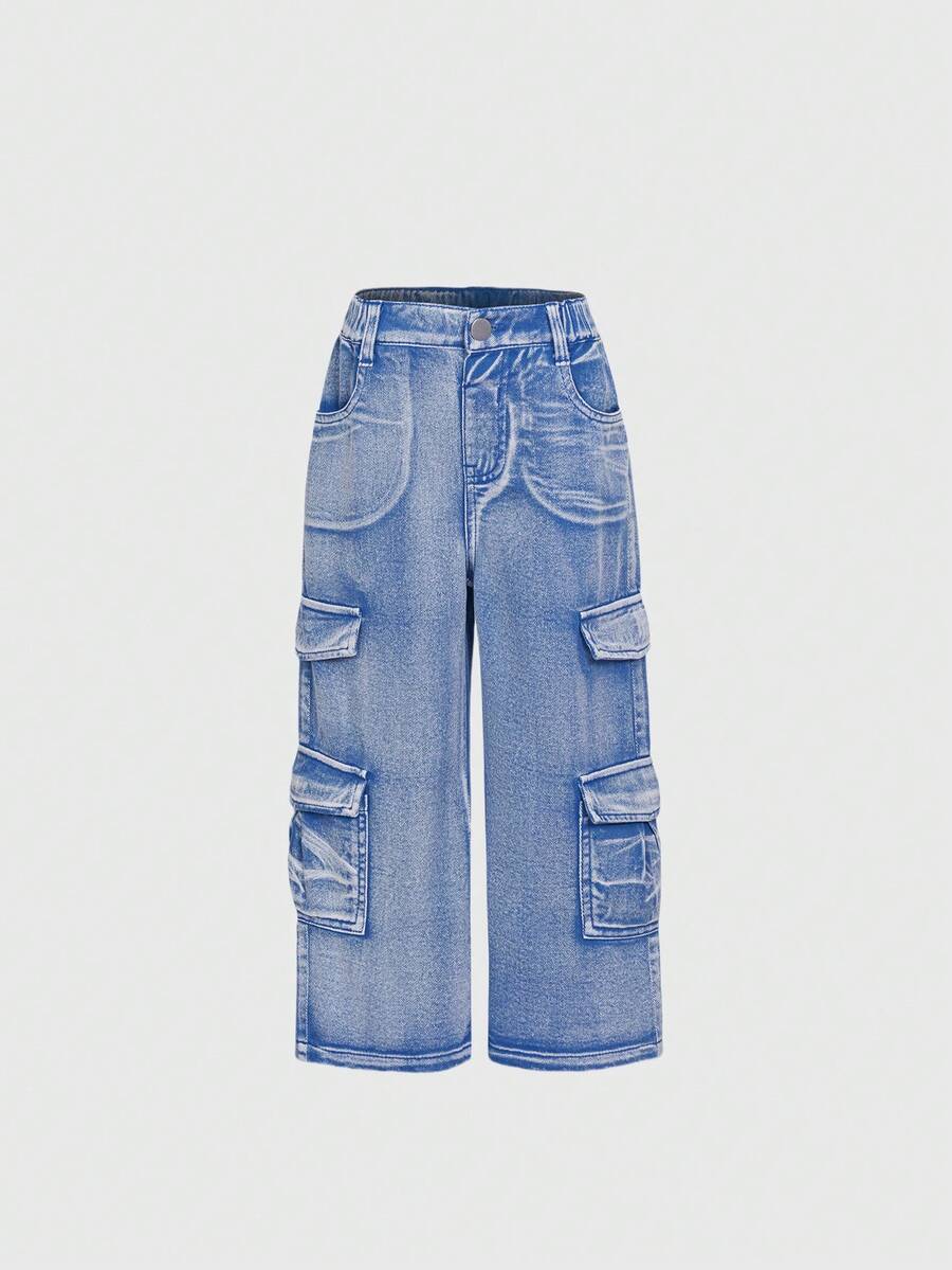 Quần Jeans Cargo Denim Phai Màu Cho Bé Gái, Đỏ Hồng - Màu xanh lam - Xem 1