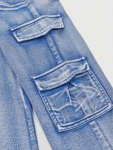 Quần Jeans Cargo Denim Phai Màu Cho Bé Gái, Đỏ Hồng - Màu xanh lam - Xem 4