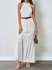 EURMUSE Women Embroidery Halter Neck Romantic Maxi Ruffle Skirt A Line Dress - White - View 4