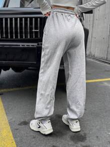SHEIN PETITE Pantalon de jogging en coton pour femme de petite taille avec cordon de serrage à la taille, couleur unie - Gris pâle - Voir 2