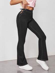 SHEIN EZwear Lace Up Side Solid Flare Leg Jeans - Black - View 7