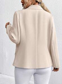 SHEIN LUNE 大码女式纯色缺口领长袖双排扣休闲西装外套 - 卡其色 - 查看 2