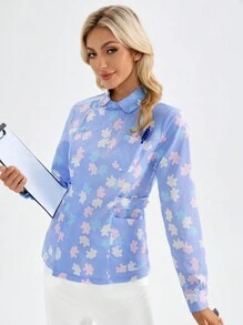 TaskEZ 女士碎花长袖工作服碎花护士制服秋冬季女短袖分体套装薄款长袖口腔牙科护理月子工作服磨砂制服 - 彩色 - 查看 4