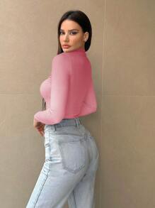 SHEIN Essnce 女士长袖立领渐变色修身紧身衣 - 粉色 - 查看 2