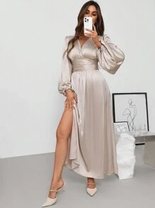 SHEIN Clasi Women's Elegant Satin Lantern Sleeve Open Slit Midi Dress, Autumn & Winter Fall Wedding Guest Dress Fall Dresses Fall Women Dresses - Apricot - View 5
