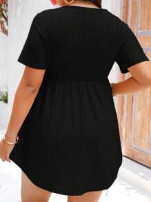 EMERY ROSE Plus Size Women Summer Solid Color Button Half-Placket Short Sleeve Casual T-Shirt - Black - View 2