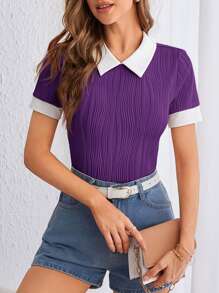 SHEIN Essnce Women Short Sleeve Contrast Color Block Collar T-Shirt - Violet Purple - View 3