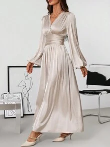 SHEIN Clasi Women's Elegant Satin Lantern Sleeve Open Slit Midi Dress, Autumn & Winter Fall Wedding Guest Dress Fall Dresses Fall Women Dresses - Apricot - View 4