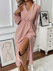 Calvaya Đầm Maxi Nữ Cổ Chữ V Cài Nút Tay Dài Chấm Bi Viền Xếp Ly Bất Đối Xứng Cho Nữ - Nhiều màu - Xem 5