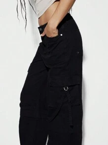 SUMWON WOMEN Wide Leg Multi Pocket Cargo Pant - Black - View 4