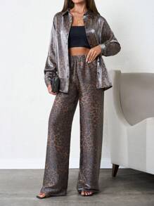SHEIN Tall Women's Tall Leopard Print Shirt, Pants Two-Pieces Co-Order Set - Multicolor - View 4