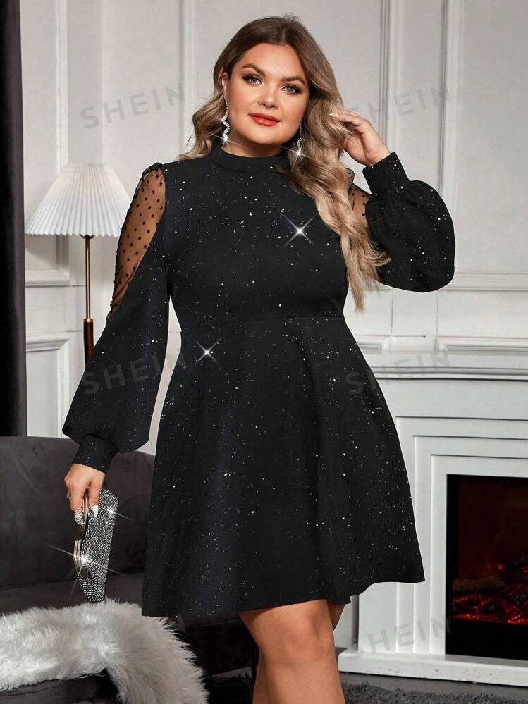 SHEIN Clasi Plus Size Knitted Black Sequin Long Waist Cinched Long Sleeve Party Dress SHEIN USA