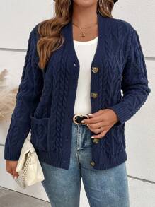 EMERY ROSE Chaqueta de punto de manga larga con cuello en V, bolsillos y tejido de cable para mujer de talla grande - azul real - Ver 4