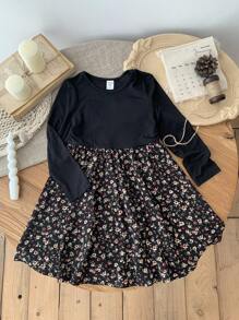 SHEIN Leap Crew Young Girl Knitted Solid Color Patchwork Floral Casual Dress - Black - View 9