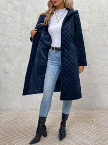 SHEIN Clasi Abrigo acolchado con capucha de moda para mujer, para otoño/invierno, con bolsillos en diagonal