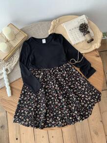 SHEIN Leap Crew Young Girl Knitted Solid Color Patchwork Floral Casual Dress - Black - View 13