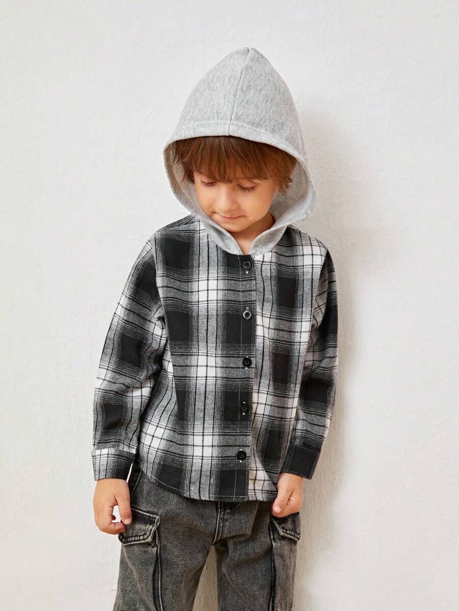 SHEIN 1 件韩版男女通用加大码格子连帽长袖衬衫适合旅行、日常穿着、上学、运动、春秋季 - 黑色 - 查看 1