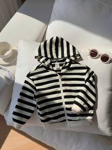 SHEIN 男婴可爱条纹拉链连帽运动衫，适合秋冬季外出和幼儿园 - 彩色 - 查看 3