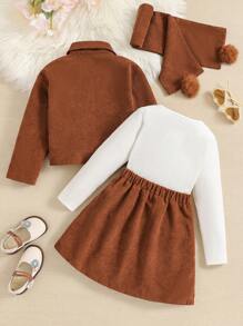 SHEIN Genkimix Kids Bộ 4 món/bộ áo khoác nhung kẻ + áo phông trắng thường ngày + chân váy nhung kẻ + khăn quàng cổ phối hợp, đa năng và cực kỳ hấp dẫn, phù hợp cho những dịp thường ngày - Nhiều màu - Xem 2