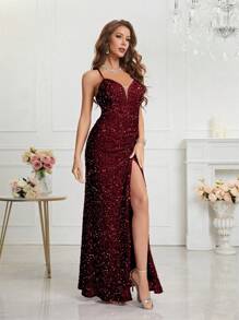 UNITHORSE Split Thigh Sequin Valentine's Day Cami Dress Elegant Formal Evening Prom Wedding Guest Gown, For Graduation, Dinner Party Dress, School Clothes - Màu Đỏ Sâu - Xem 4